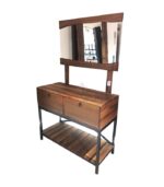 Siyah Metal Profilli İki Çekmeceli Geniş Alt Raflı Doğal Ceviz Aynalı Dresuar