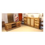 Hasır ve Halka Kulp Detaylı Doğal Ahşap Ceviz Konsol ve TV Ünitesi Takımı