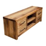 İki Raf Dört Çekmeceli Doğal Ahşap Ceviz TV Ünitesi