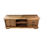 İki Raf Dört Çekmeceli Halka Kulp Detaylı Doğal Ahşap Ceviz TV Ünitesi