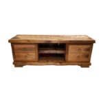 İki Raf Dört Çekmeceli Halka Kulp Detaylı Ceviz Doğal Ahşap TV Ünitesi