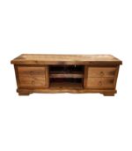 İki Raf Dört Çekmeceli Halka Kulp Detaylı Ceviz Doğal Ahşap TV Ünitesi