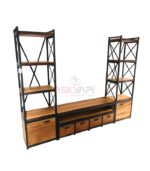 Siyah Metal Profilli İki Kapaklı Dört Çekmeceli Altı Raflı Doğal Ahşap Ceviz TV Ünitesi