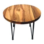 Siyah Metal Bingolu Firkete Ayaklı Ceviz Doğal Ahşap Yuvarlak Yan Sehpa