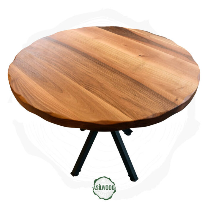 Masif Ceviz Yuvarlak Yemek Masası - Zımpara Kırığı Kenar & Metal Simetri Ayak