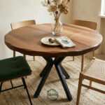 Masif Ceviz Yuvarlak Yemek Masası - Zımpara Kırığı Kenar & Metal Simetri Ayak