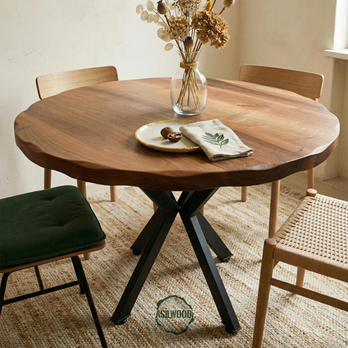 Masif Ceviz Yuvarlak Yemek Masası - Zımpara Kırığı Kenar & Metal Simetri Ayak