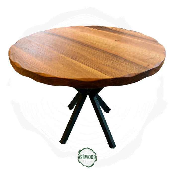 Masif Ceviz Yuvarlak Yemek Masası - Zımpara Kırığı Kenar & Metal Simetri Ayak