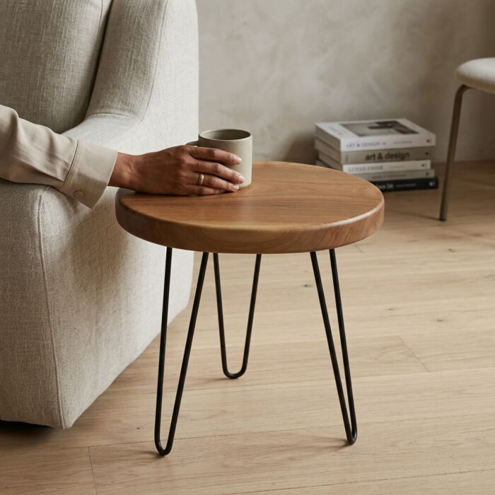 Masif Ceviz 48 cm Oval Kenar Yuvarlak Sehpa - Bükümlü Firkete Ayak