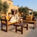 Masif Çam Hardal Sarı Minderli Bahçe & Balkon Oturma Grubu (2+2+Sehpa)