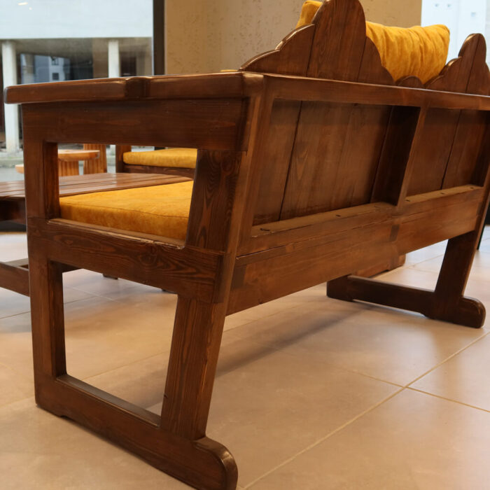 Masif Çam Hardal Sarı Minderli Bahçe & Balkon Oturma Grubu (2+2+Sehpa)