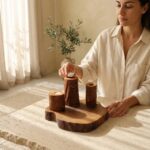 Masif Ceviz Kütük Wabi-sabi Stil Üçlü Mumluk