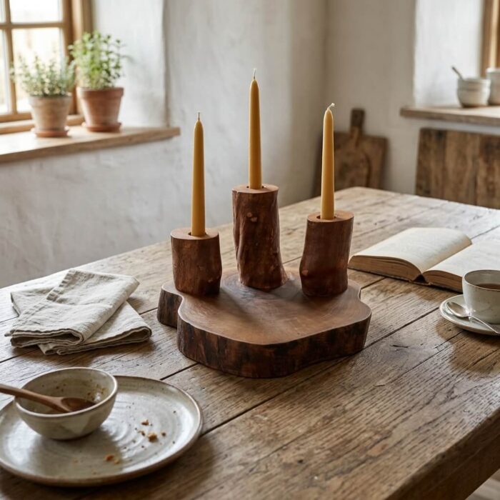 Masif Ceviz Kütük Wabi-sabi Stil Üçlü Mumluk