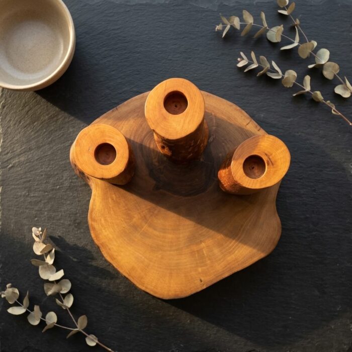 Masif Ceviz Kütük Wabi-sabi Stil Üçlü Mumluk