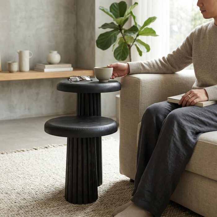 Assos Bitter Masif Çam Kanal Detaylı İkili Mantar Sehpa Takımı 33x56 cm